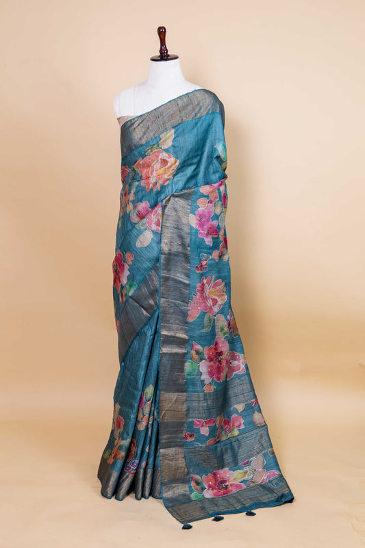 Peacock Blue Embellished Tussar Silk Saree