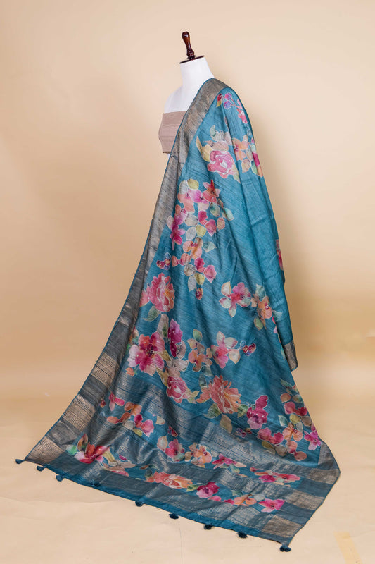 Peacock Blue Embellished Tussar Silk Saree