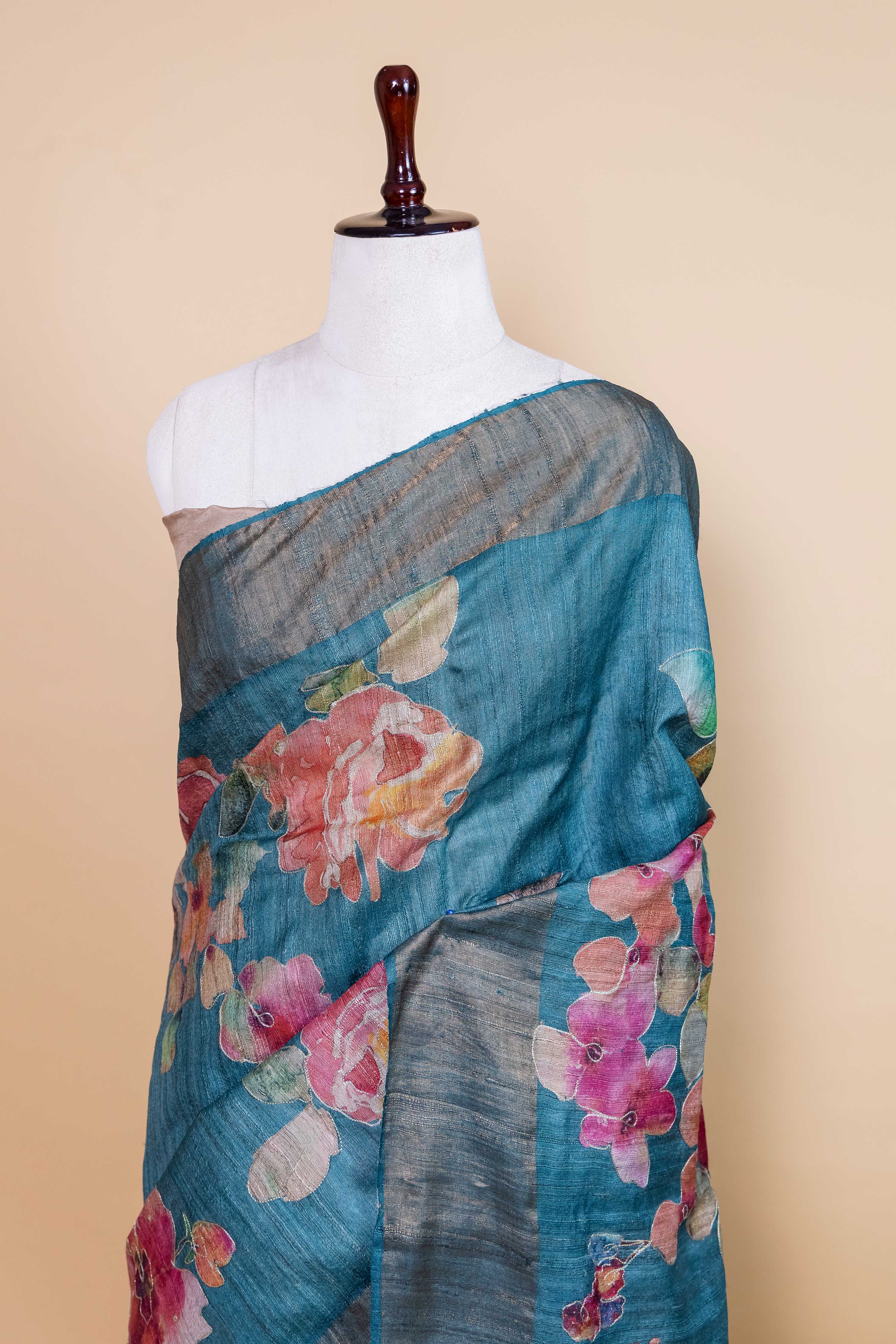 Peacock Blue Embellished Tussar Silk Saree