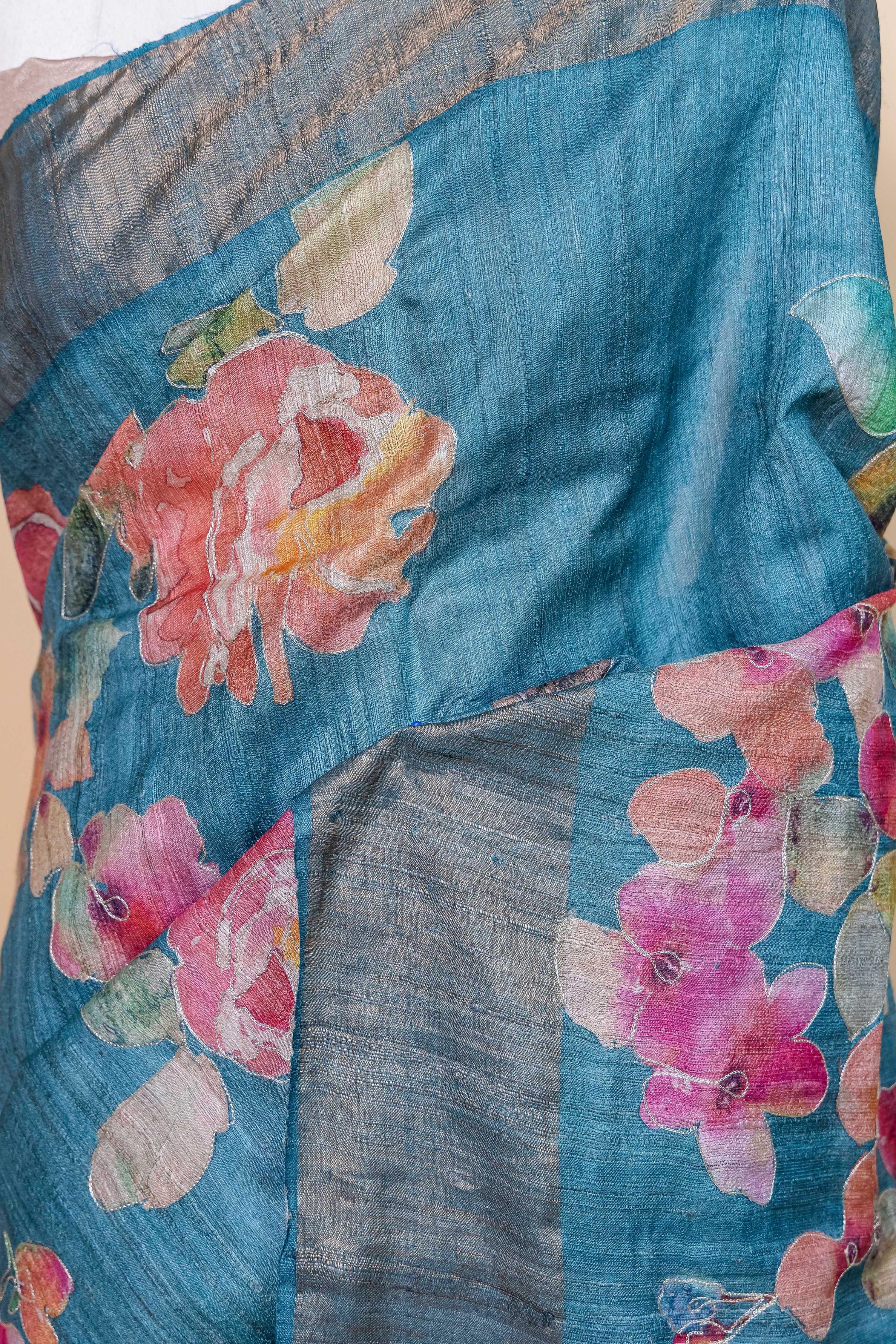 Peacock Blue Embellished Tussar Silk Saree