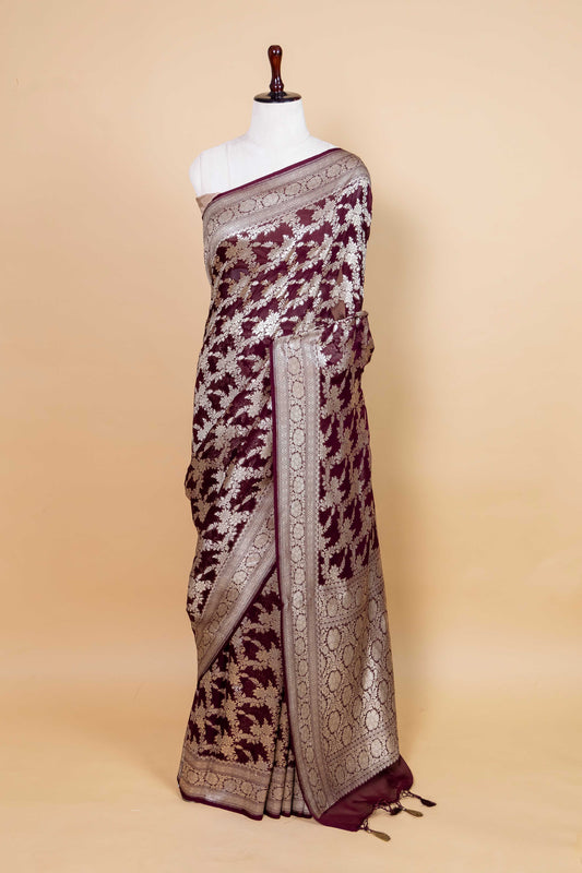 Wine Floral Khaddi Banarasi Silk Saree