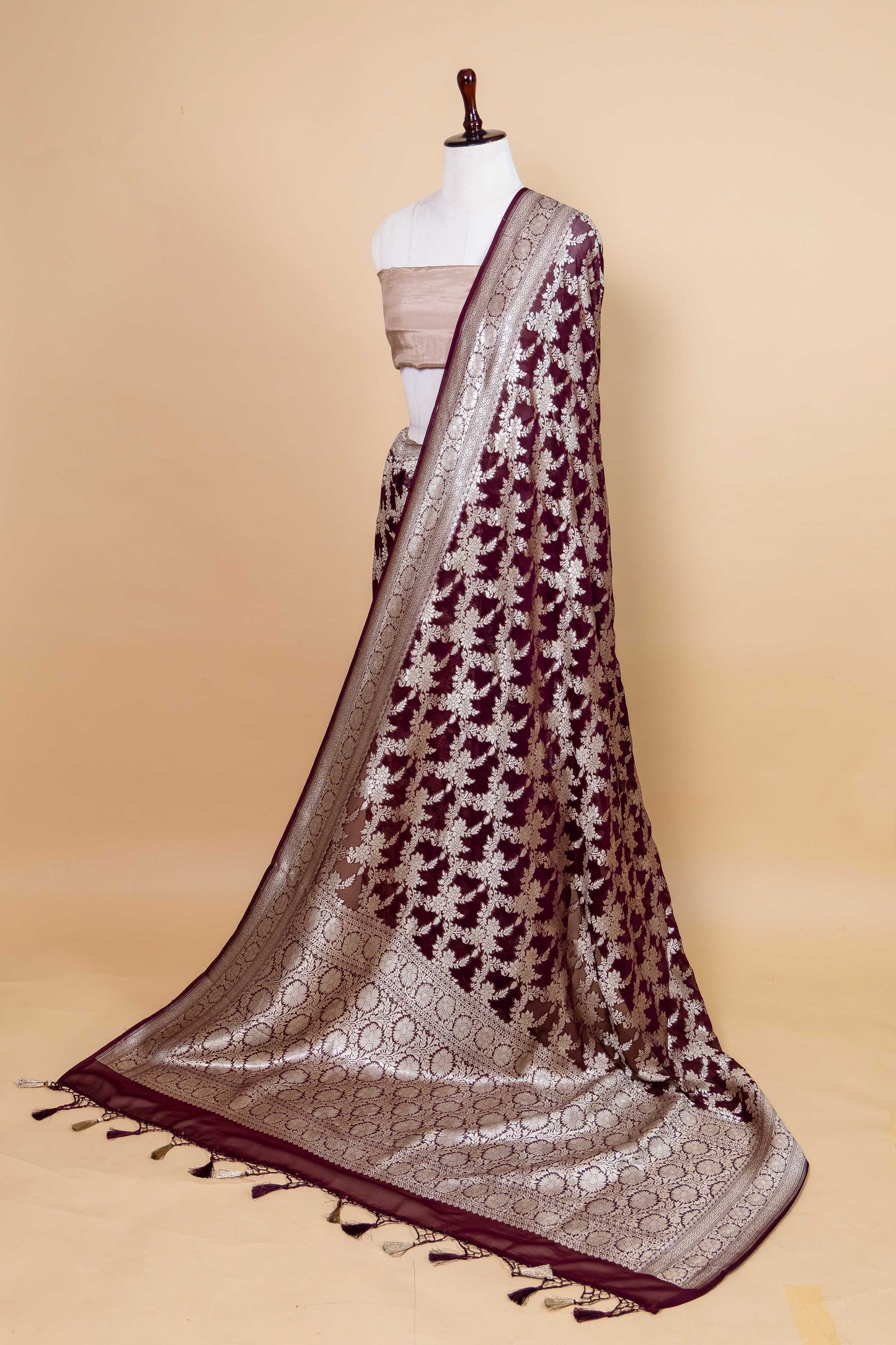 Wine Floral Khaddi Banarasi Silk Saree