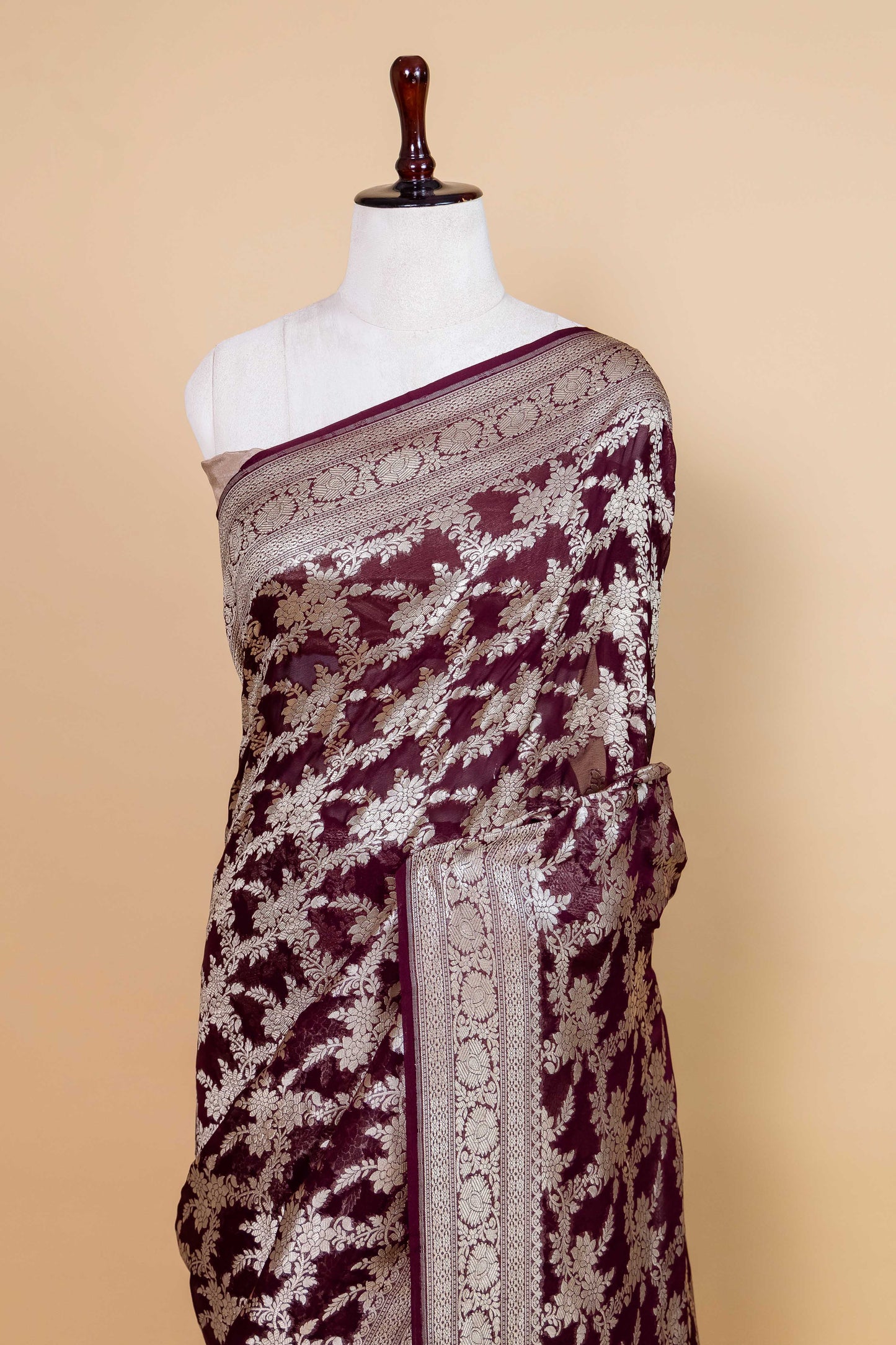 Wine Floral Khaddi Banarasi Silk Saree