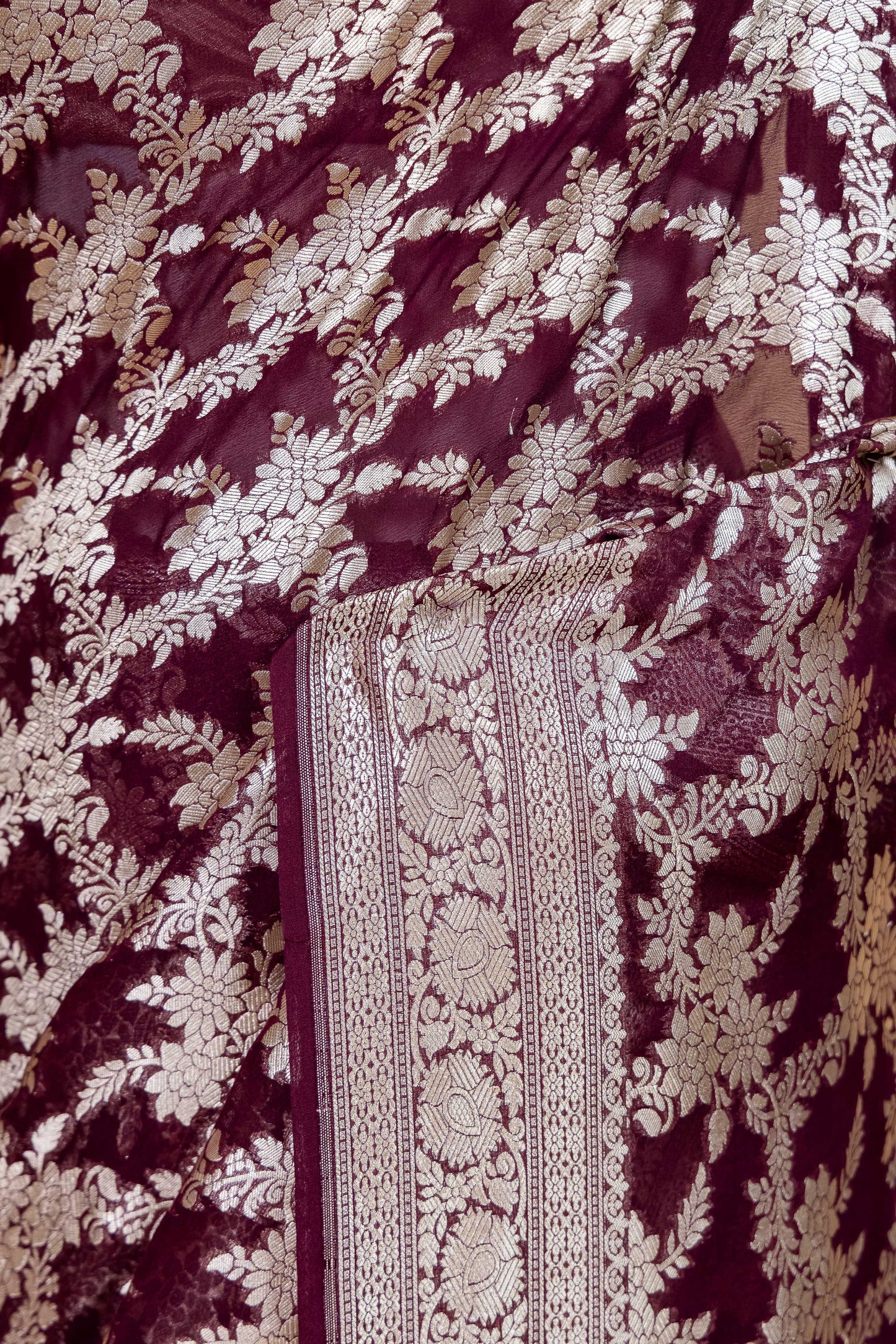 Wine Floral Khaddi Banarasi Silk Saree