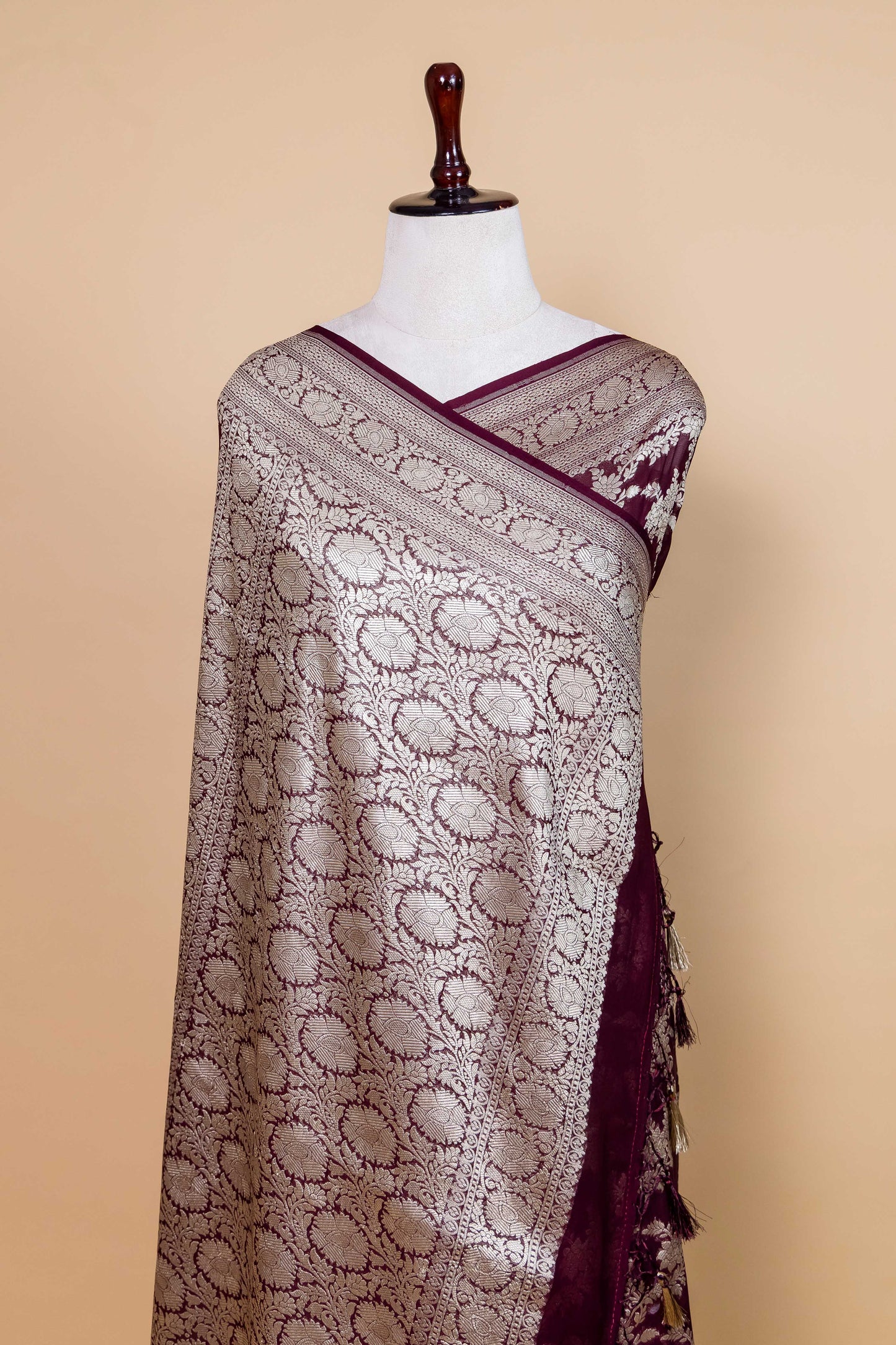 Wine Floral Khaddi Banarasi Silk Saree