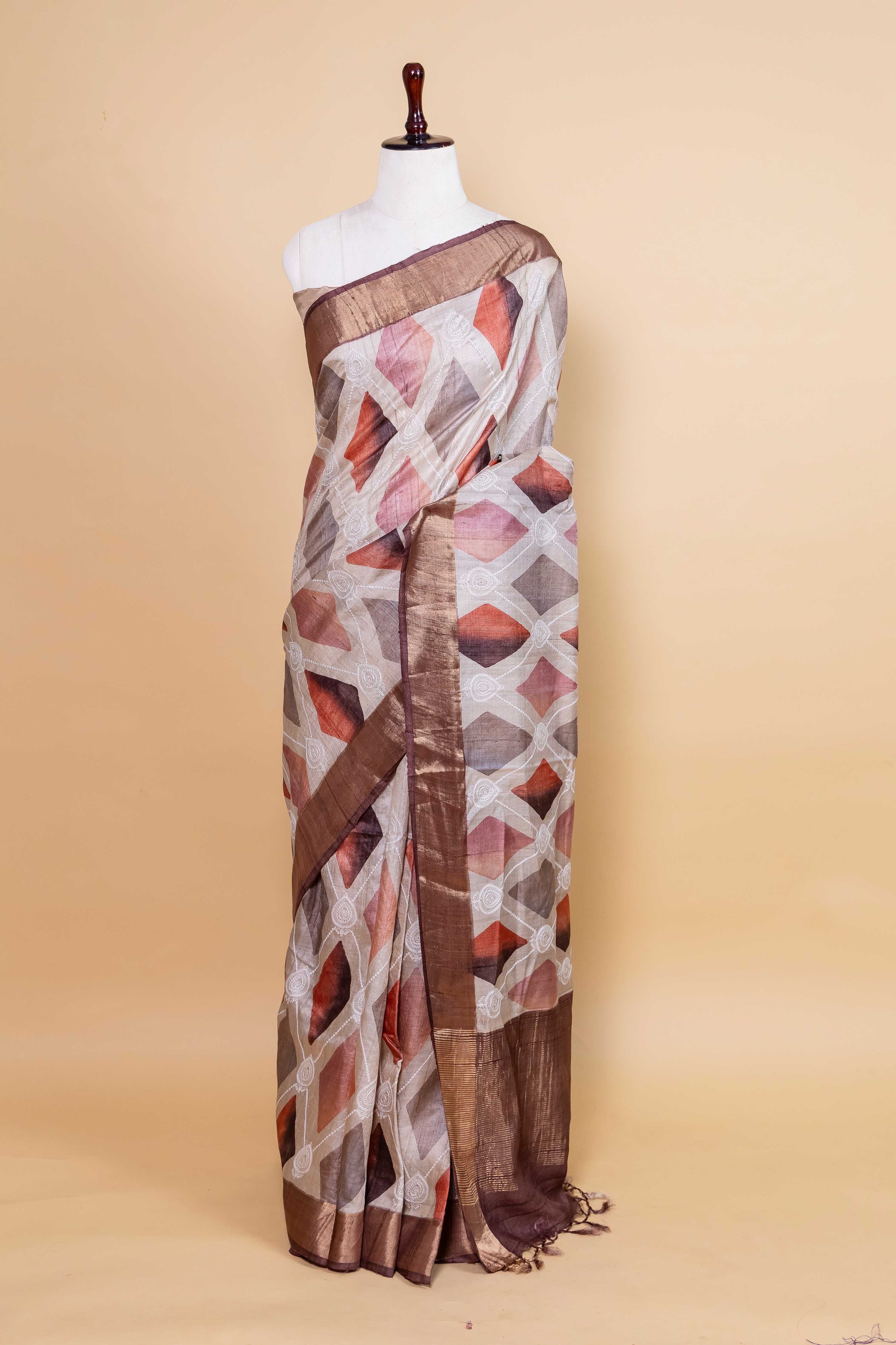 Beige Chikankari Digital Print Tussar Silk Saree