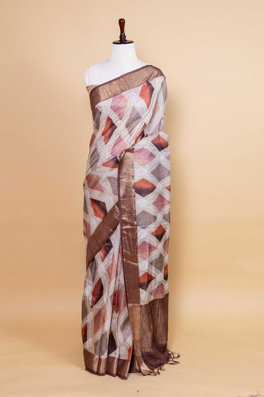 Beige Chikankari Digital Print Tussar Silk Saree