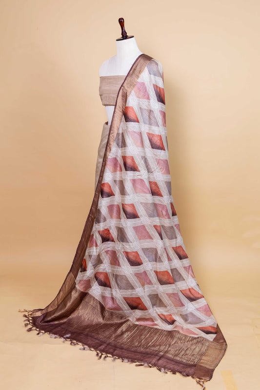 Beige Chikankari Digital Print Tussar Silk Saree