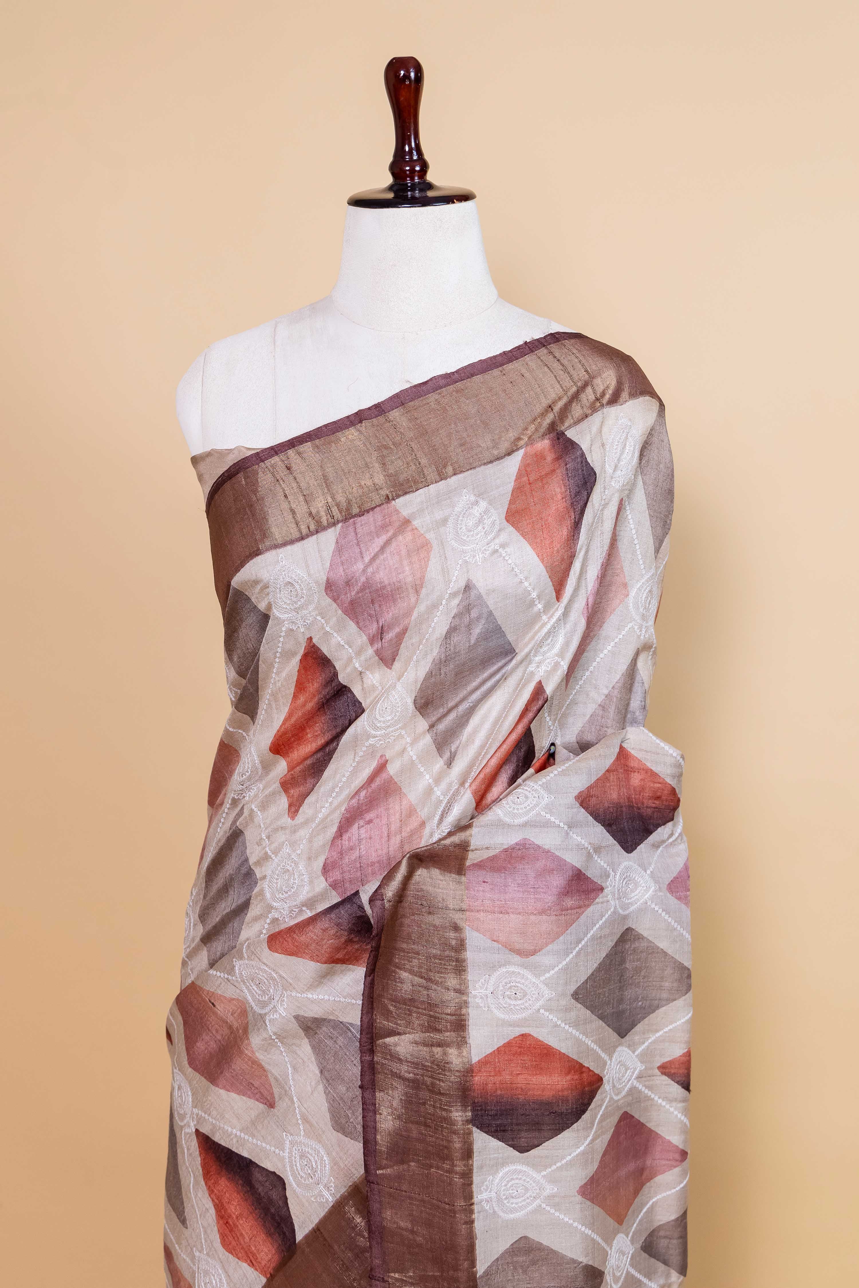Beige Chikankari Digital Print Tussar Silk Saree