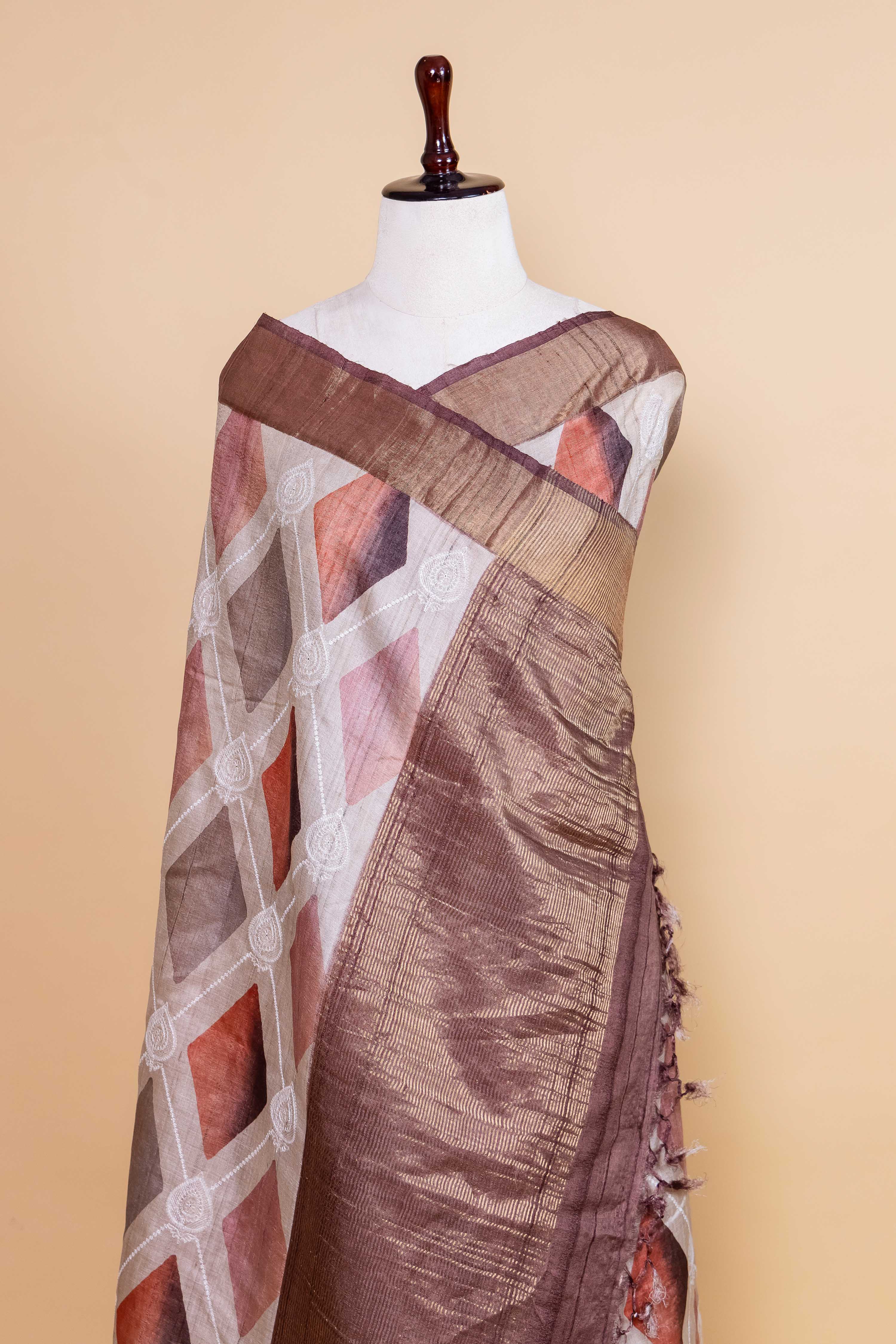 Beige Chikankari Digital Print Tussar Silk Saree