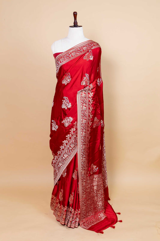 Red Sona Rupa Bird Weaving Satin Silk Saree