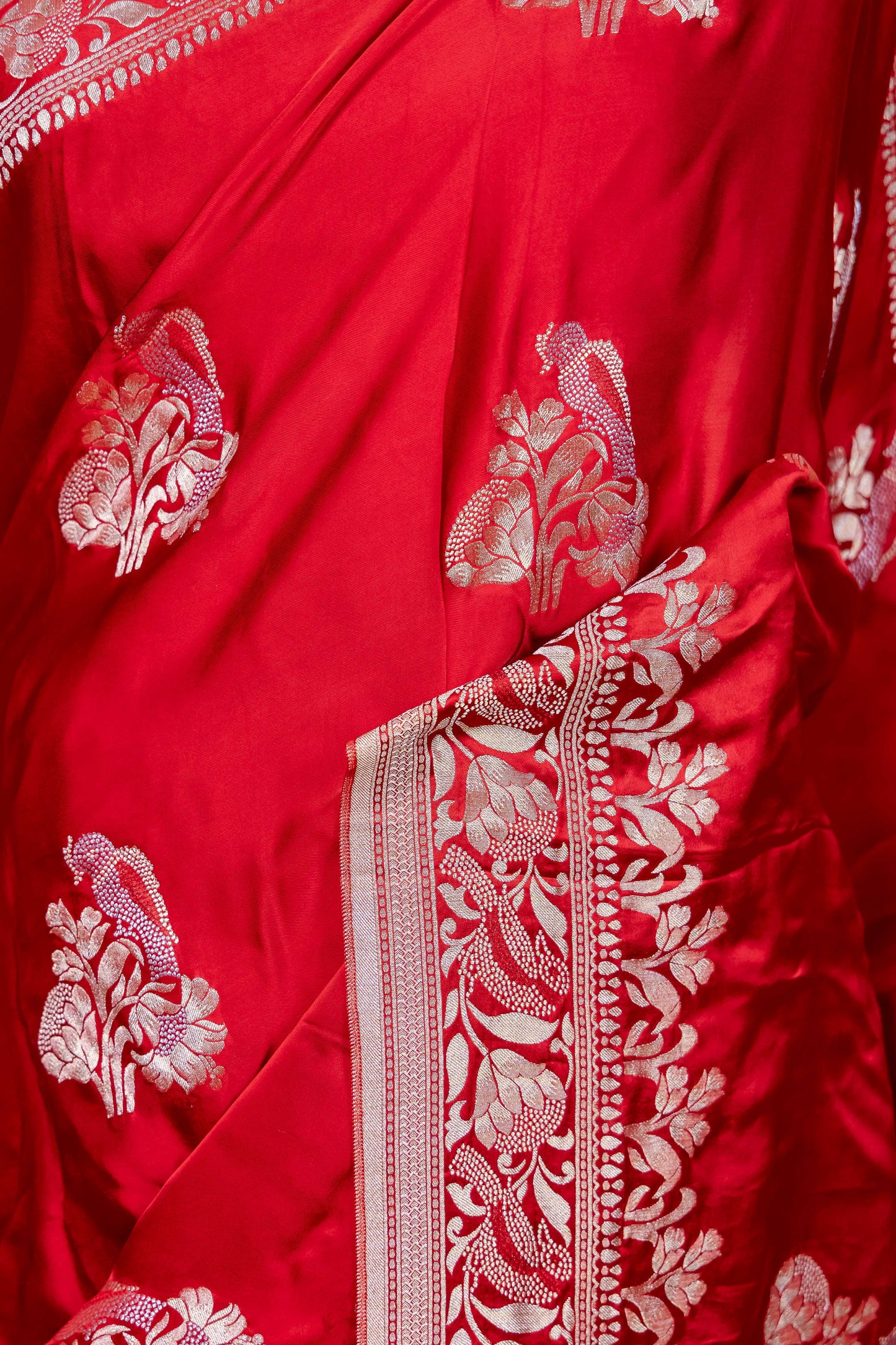 Red Sona Rupa Bird Weaving Satin Silk Saree