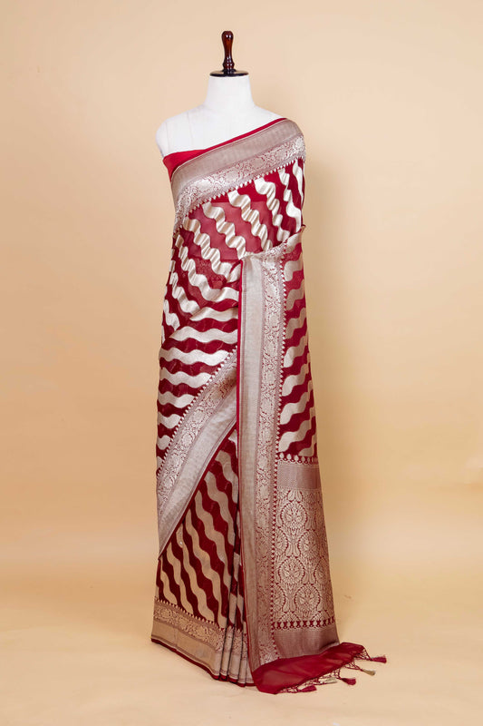 Maroon Ada Lehriya Khaddi Banarasi Silk Saree