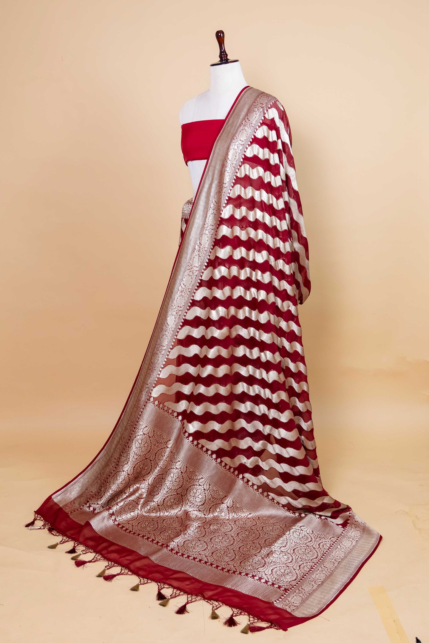 Maroon Ada Lehriya Khaddi Banarasi Silk Saree