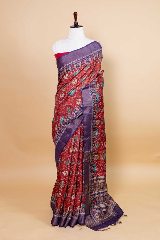 Maroon Patola Print Tussar Silk Saree