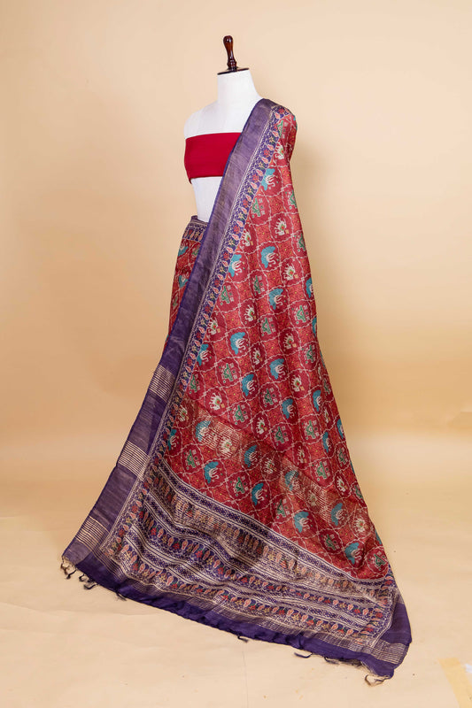 Maroon Patola Print Tussar Silk Saree
