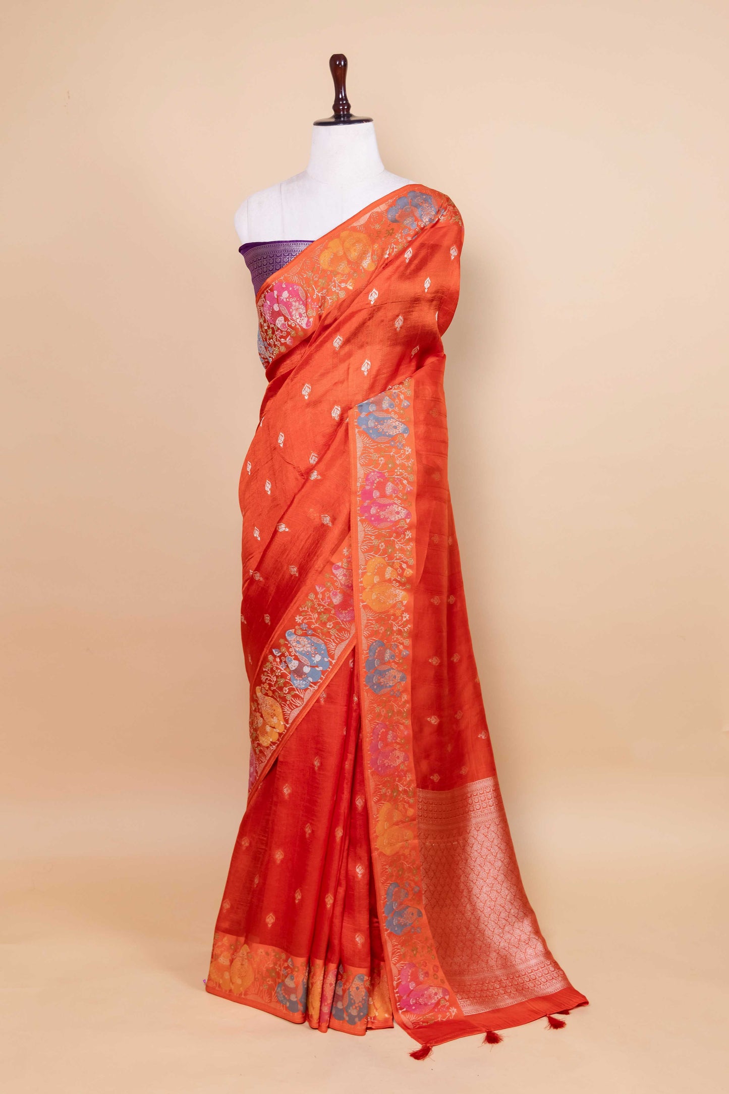 Orange Bird Weaving Silk Saree