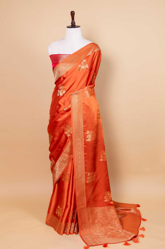 Orange Bird Weaving Satin Silk Saree