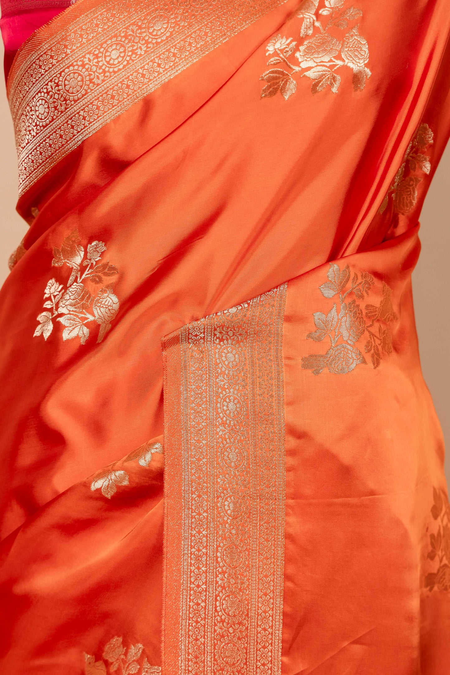 Orange Bird Weaving Satin Silk Saree