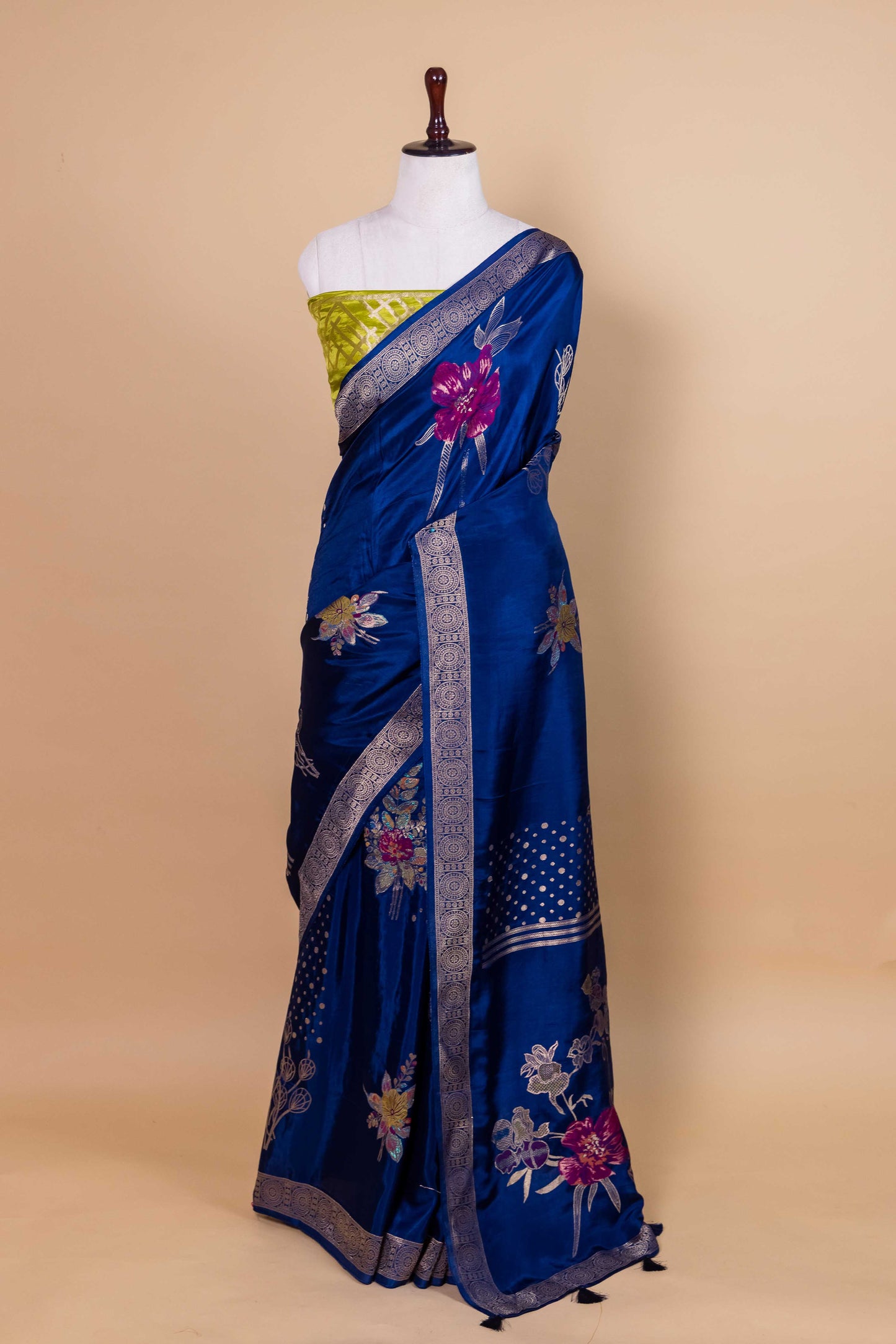 Midnight Blue Floral Weaving Silk Saree
