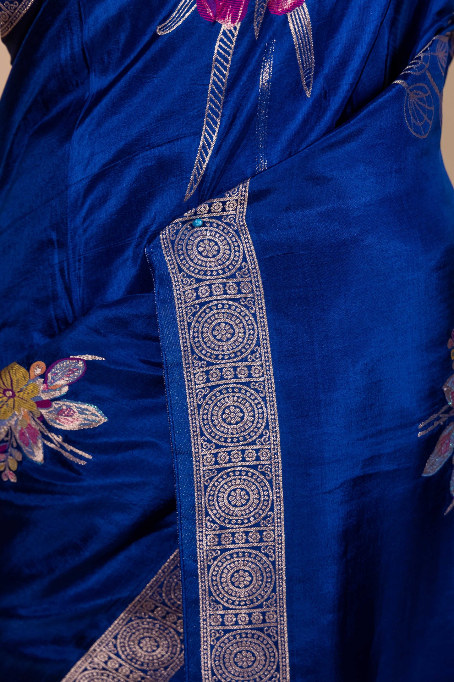 Midnight Blue Floral Weaving Silk Saree