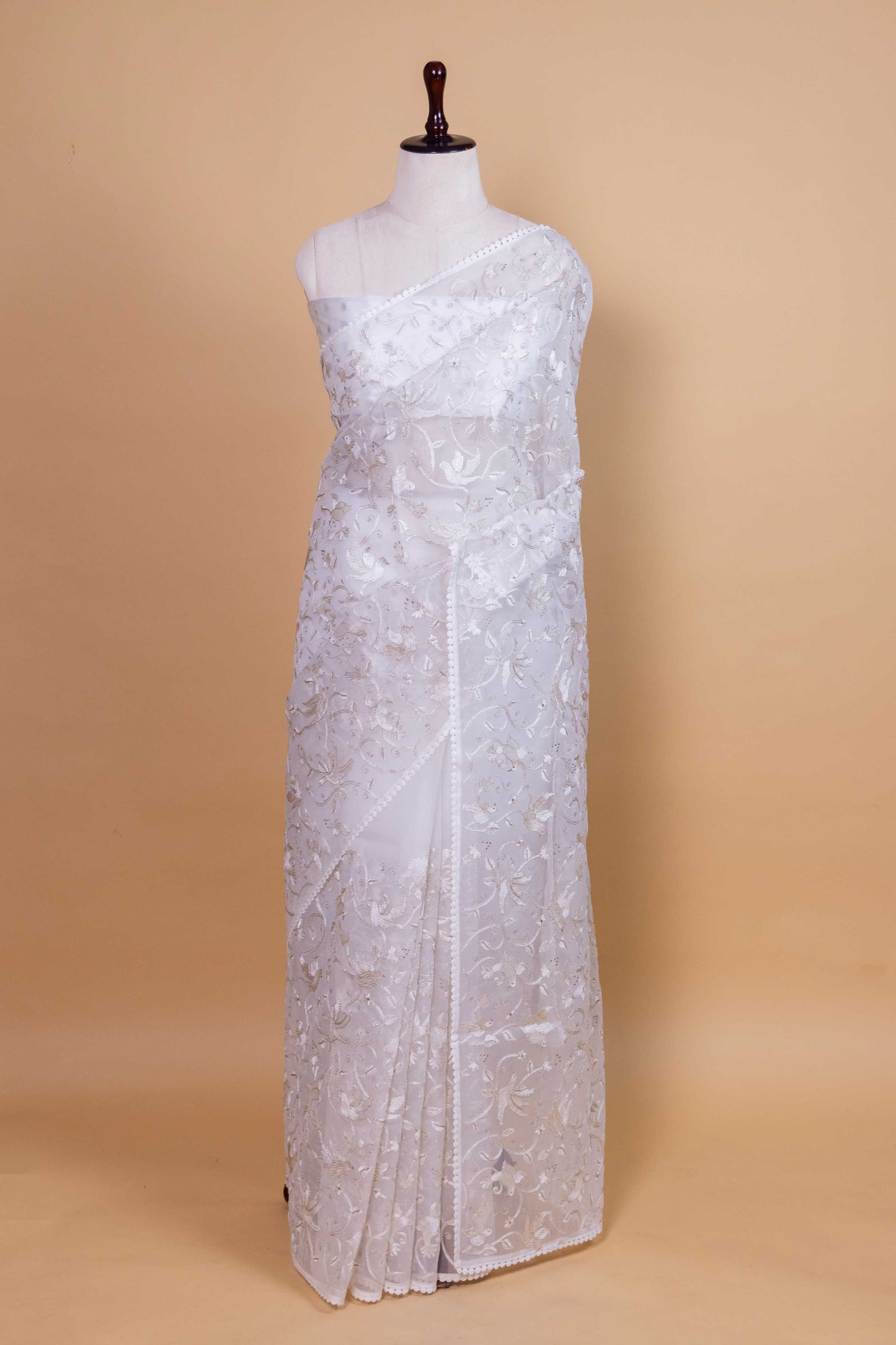 White Bird Embroidery Organza Saree