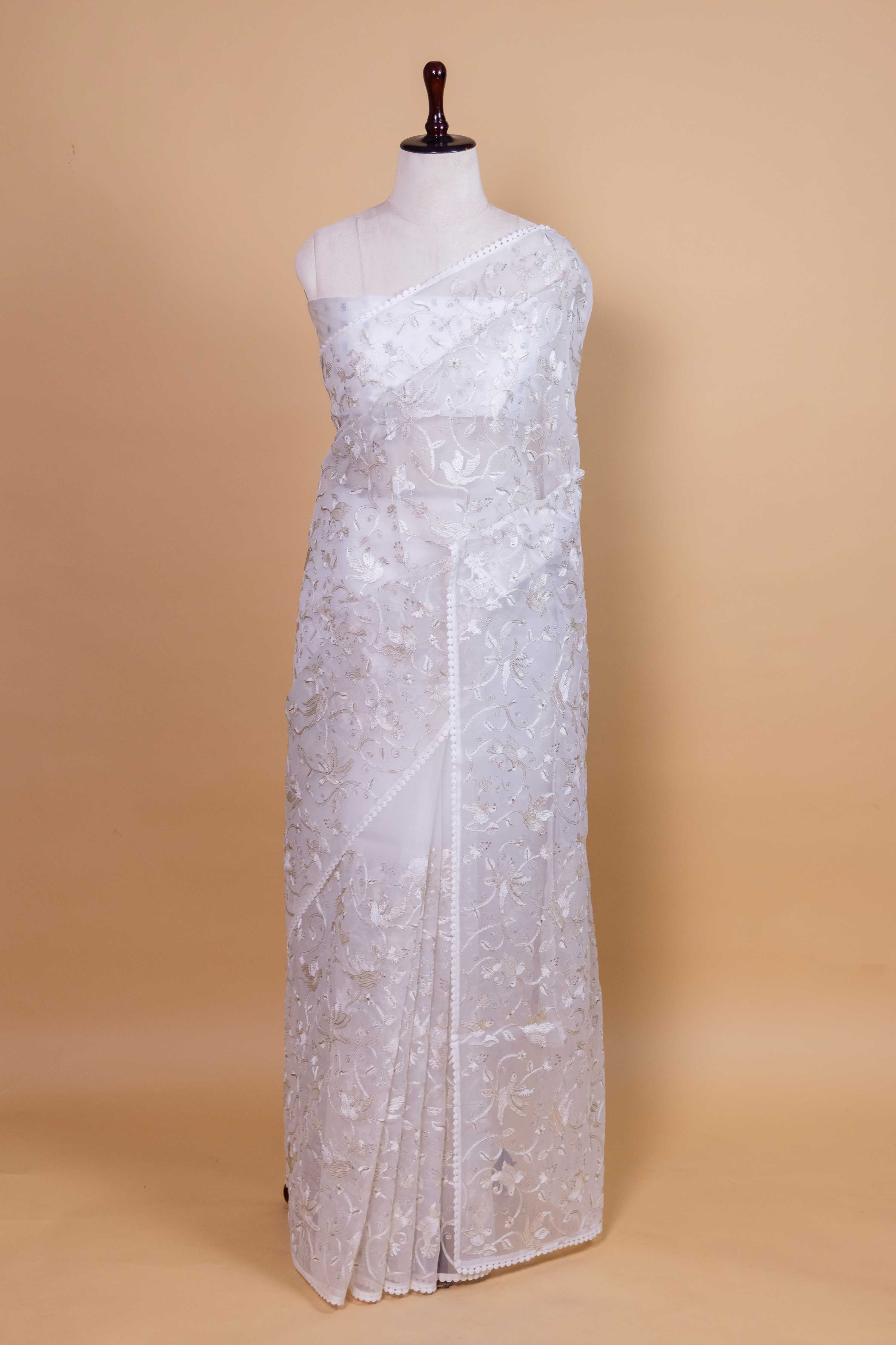 White Bird Embroidery Organza Saree