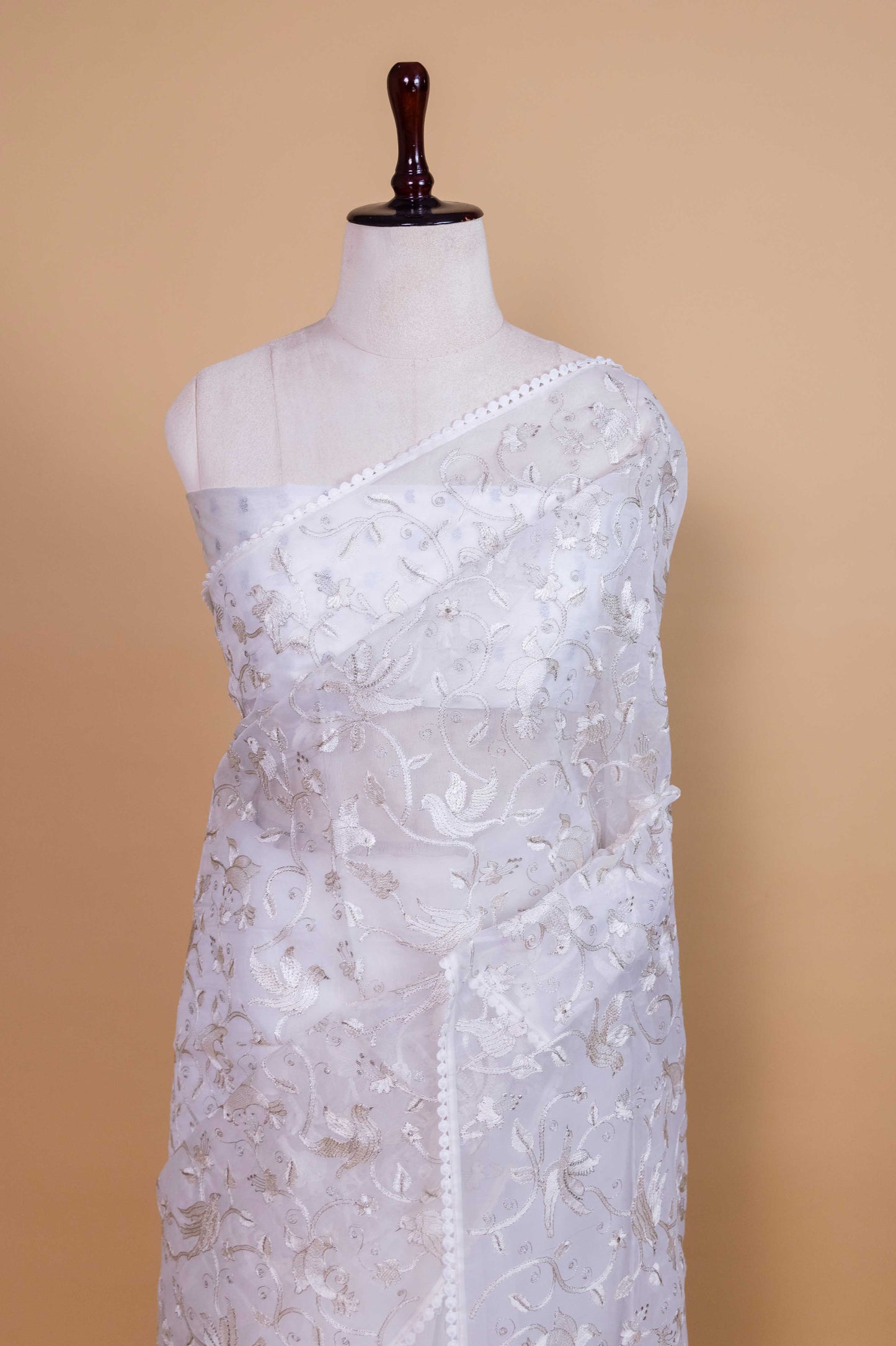 White Bird Embroidery Organza Saree