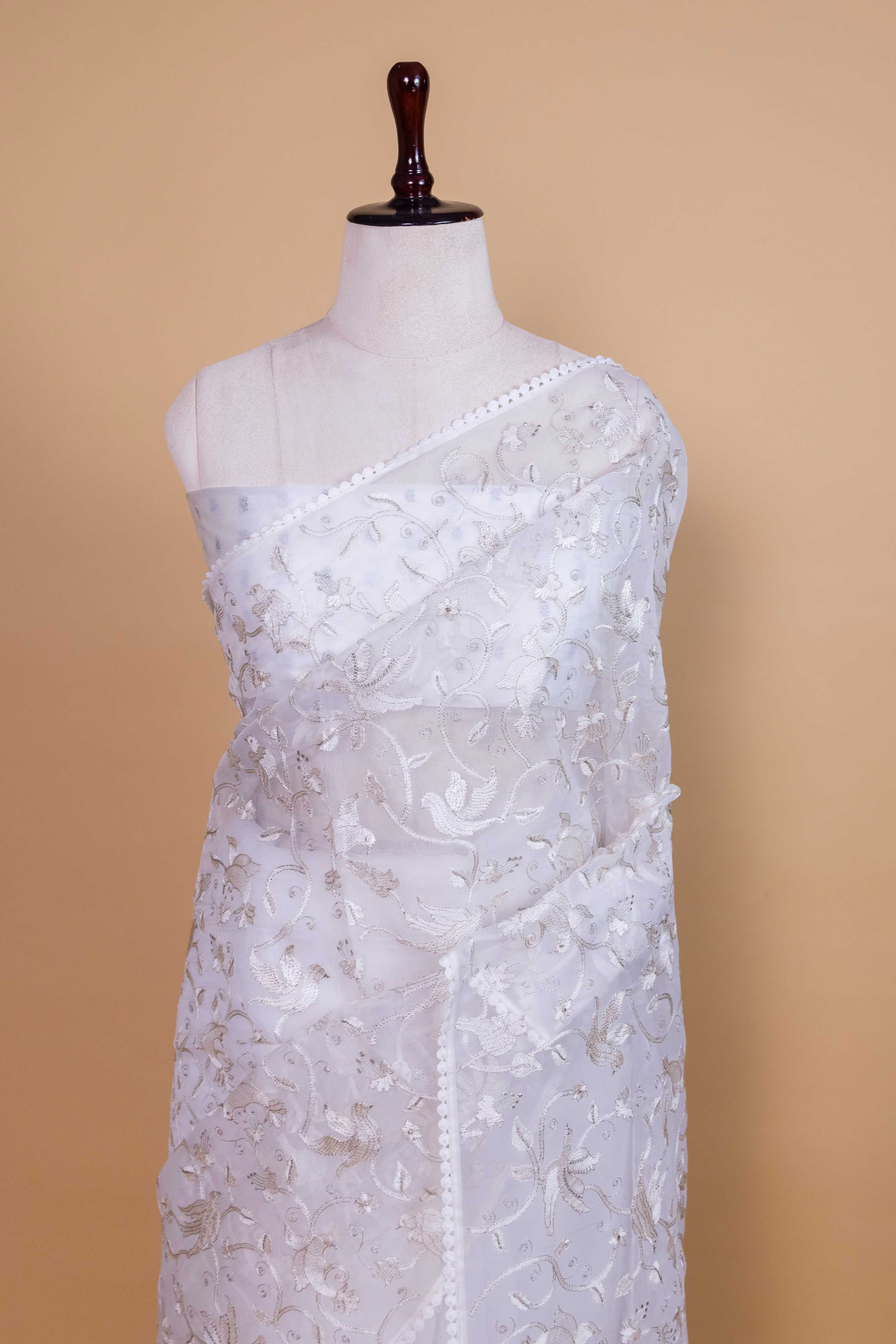 White Bird Embroidery Organza Saree