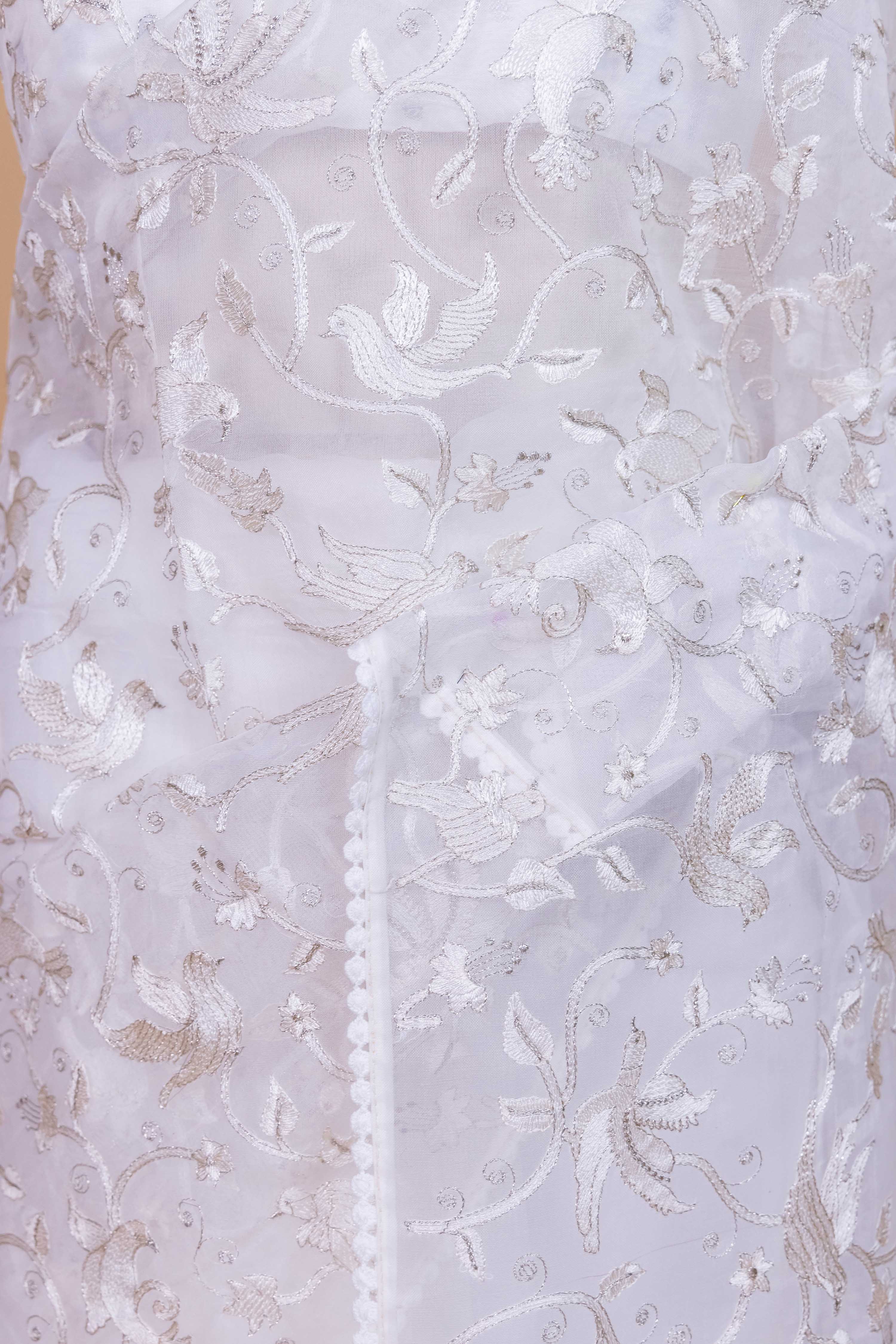White Bird Embroidery Organza Saree