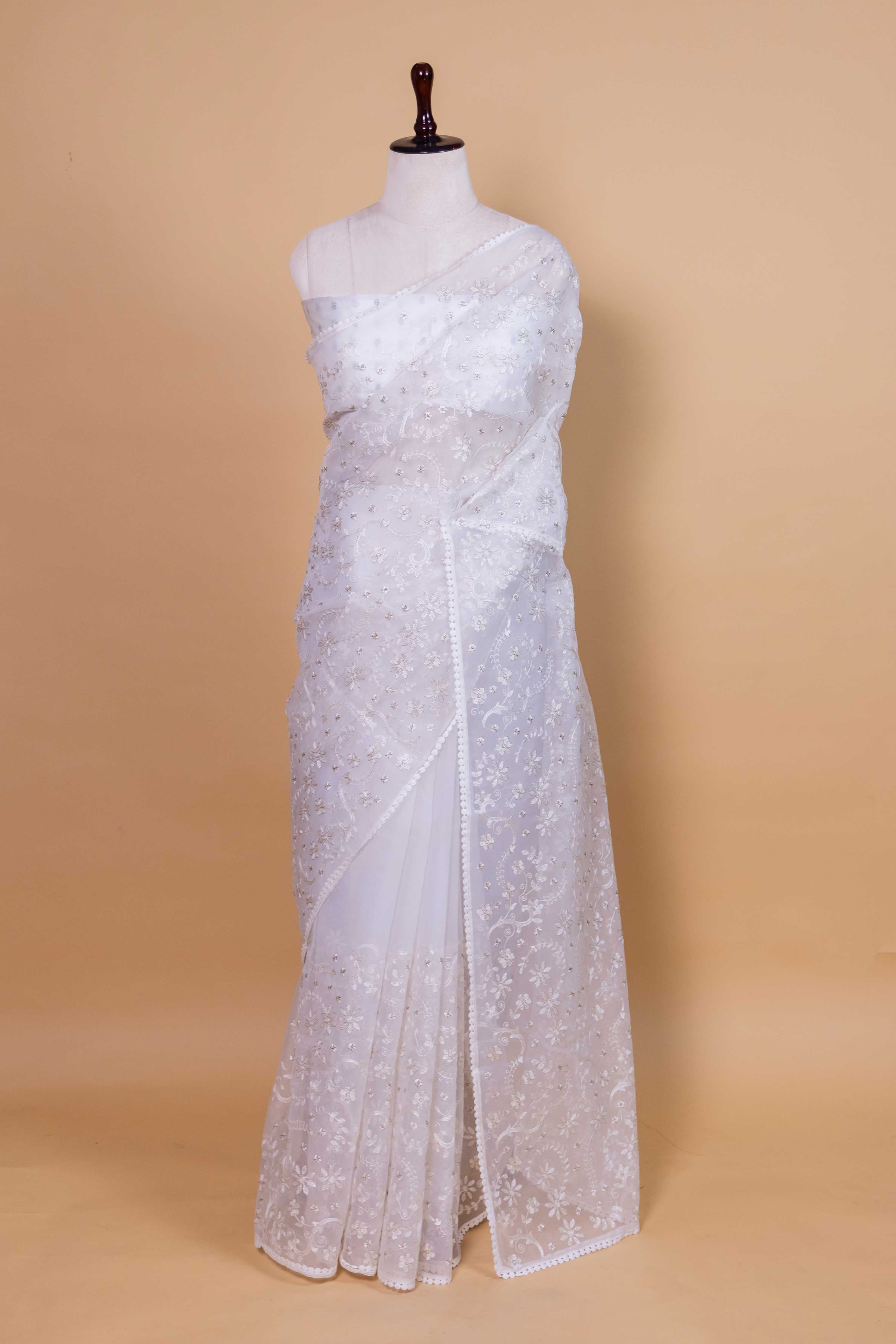 White Floral Embroidery Organza Saree