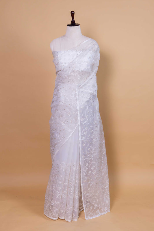White Floral Embroidery Organza Saree
