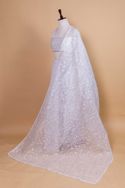White Floral Embroidery Organza Saree