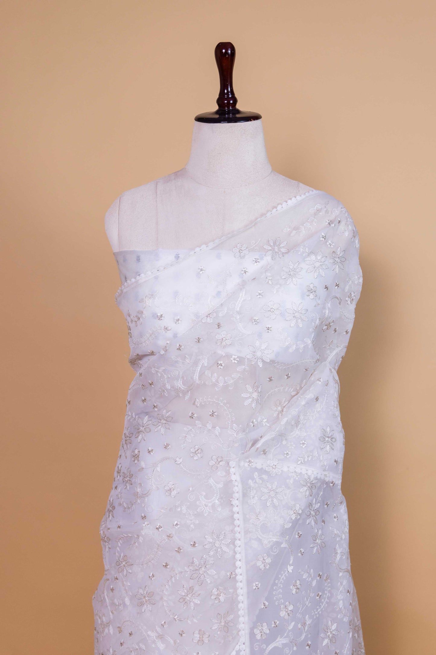 White Floral Embroidery Organza Saree