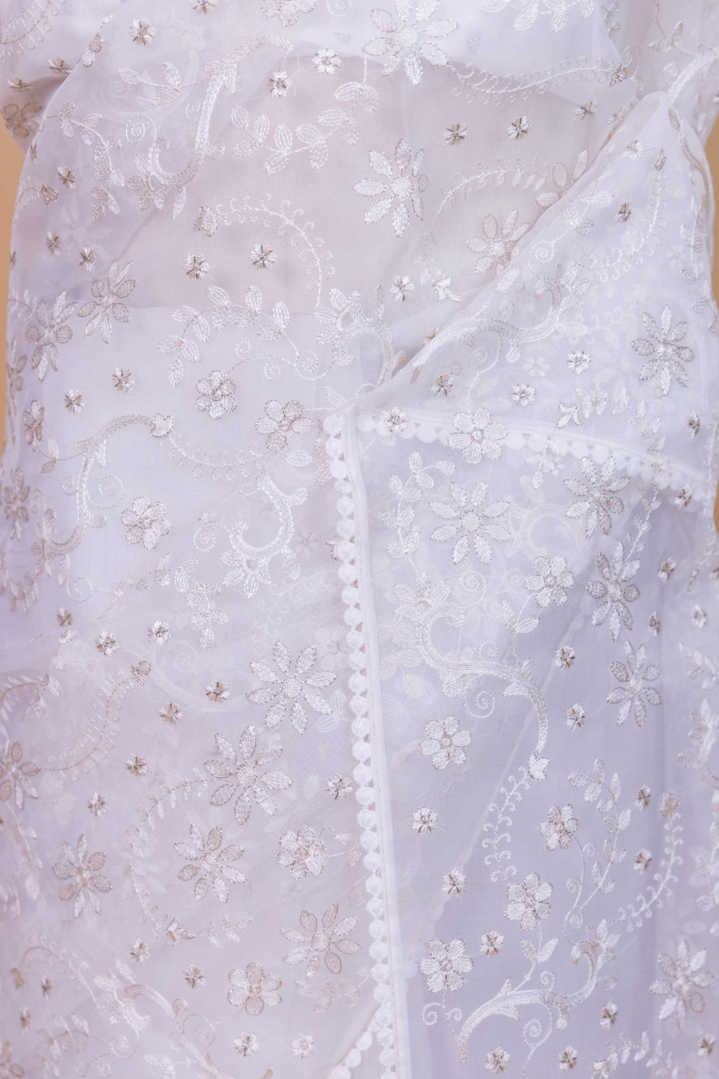 White Floral Embroidery Organza Saree