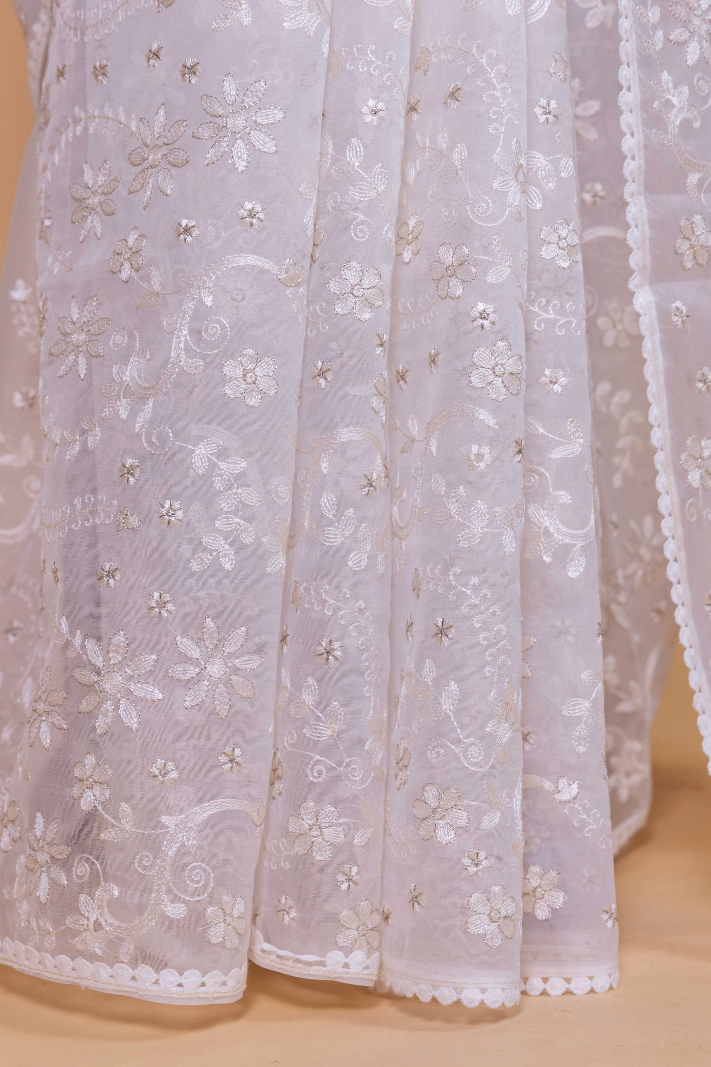 White Floral Embroidery Organza Saree