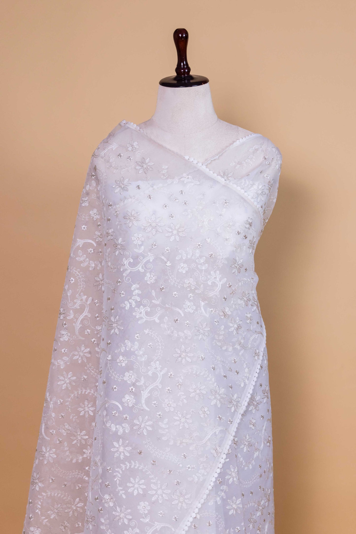 White Floral Embroidery Organza Saree