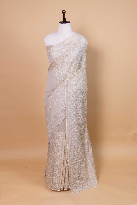 Beige Floral Embroidered Chanderi Tissue Saree