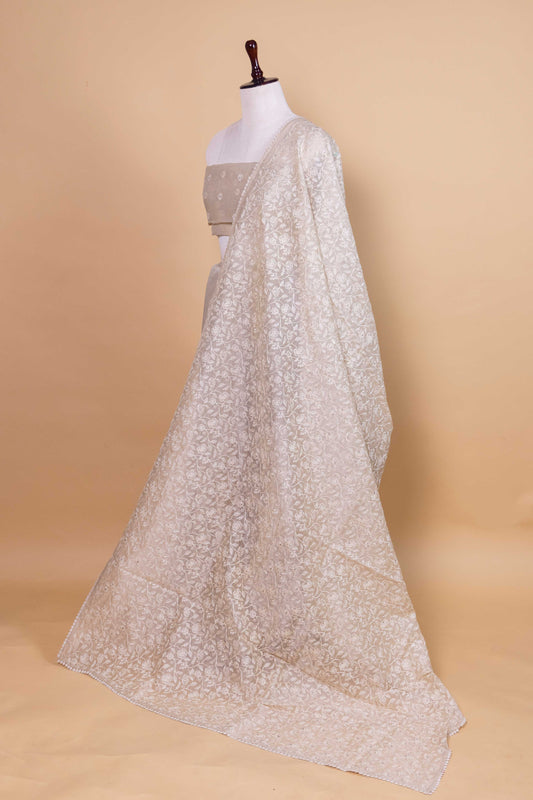 Beige Floral Embroidered Chanderi Tissue Saree