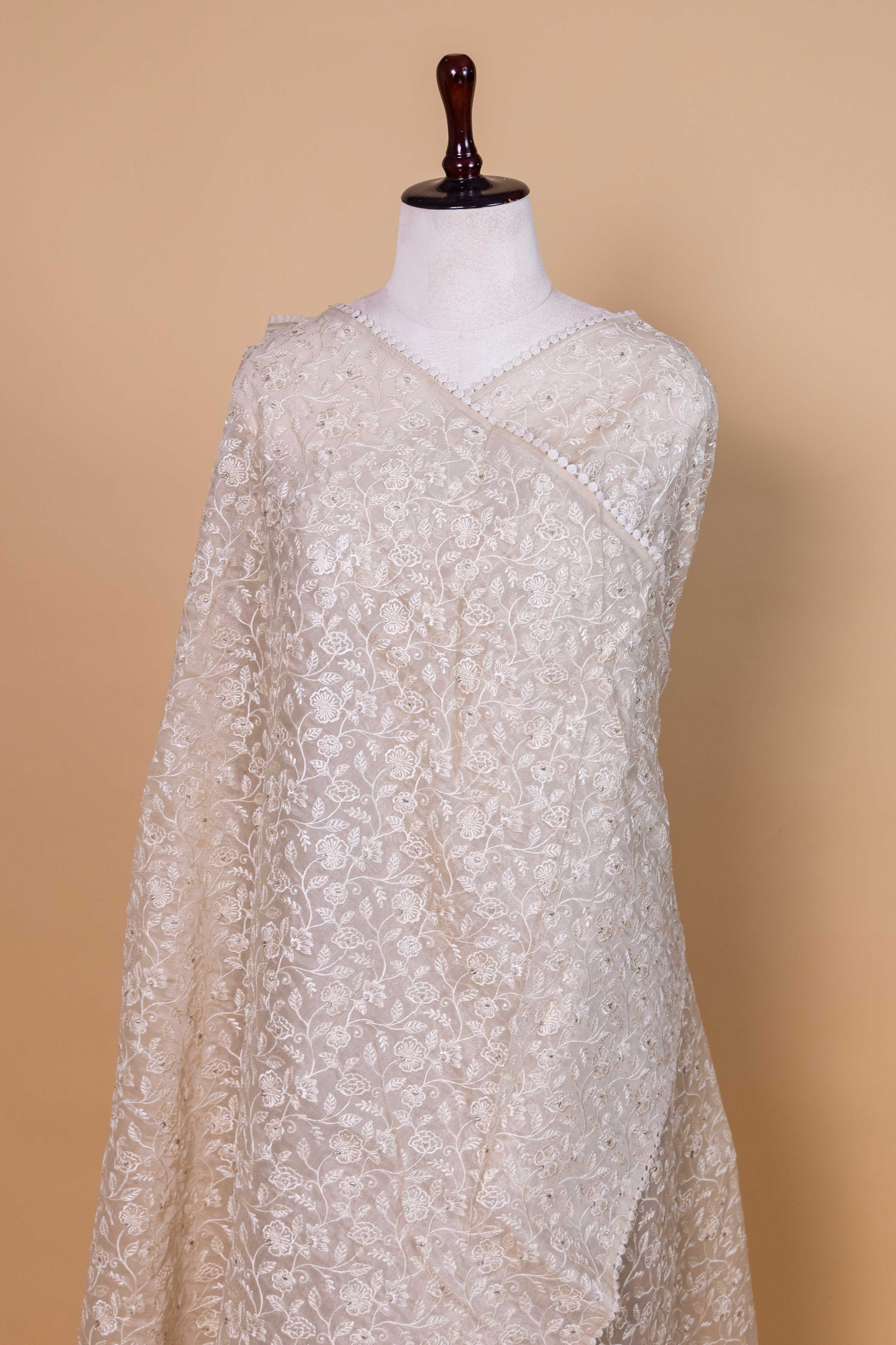 Beige Floral Embroidered Chanderi Tissue Saree