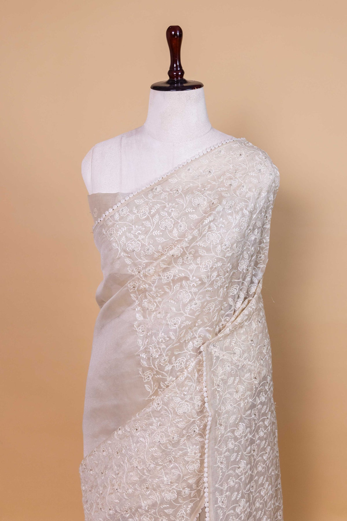 Beige Floral Embroidered Chanderi Tissue Saree