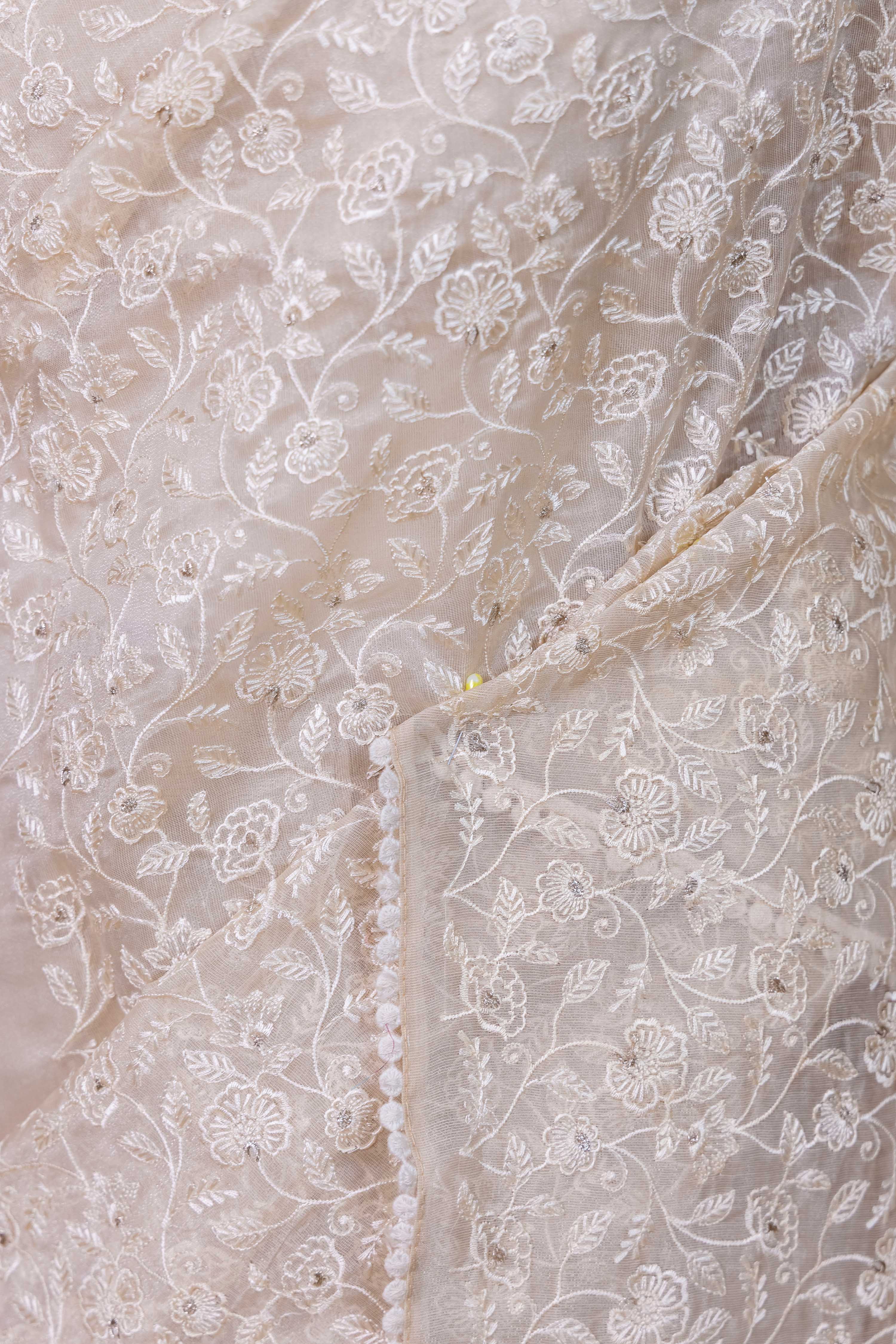 Beige Floral Embroidered Chanderi Tissue Saree