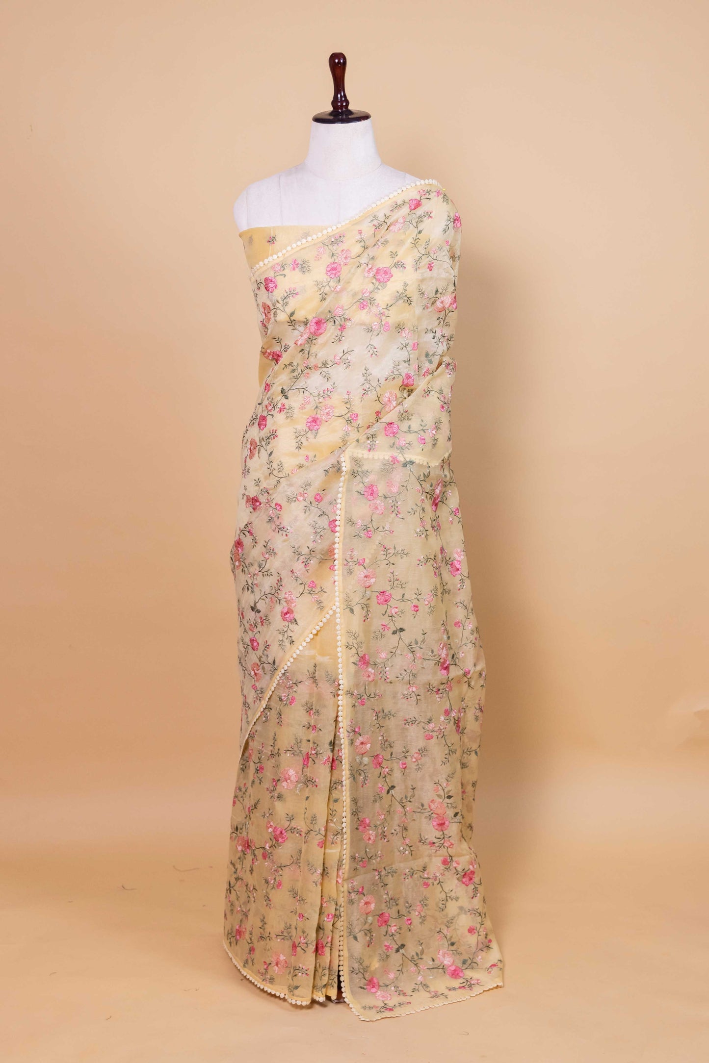 Yellow Floral Embroidered Chanderi Tissue Saree