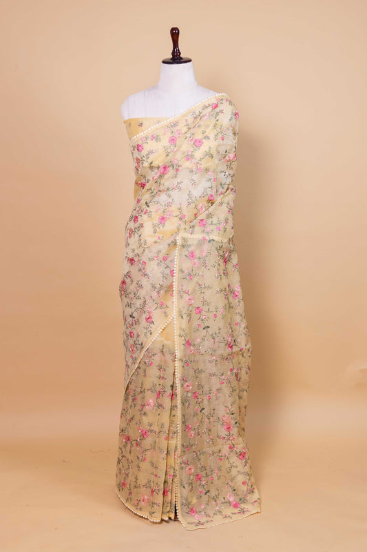 Yellow Floral Embroidered Chanderi Tissue Saree