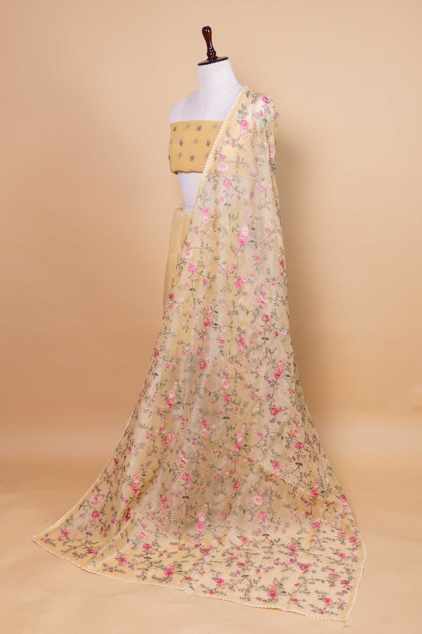Yellow Floral Embroidered Chanderi Tissue Saree