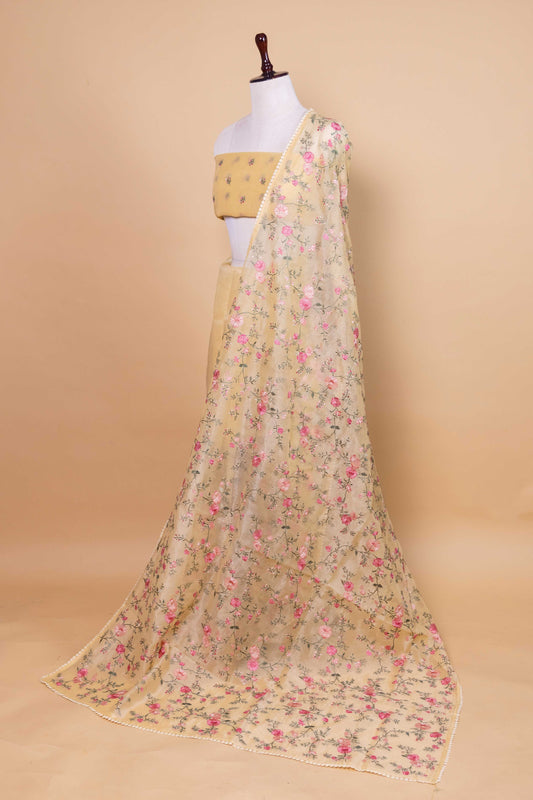 Yellow Floral Embroidered Chanderi Tissue Saree