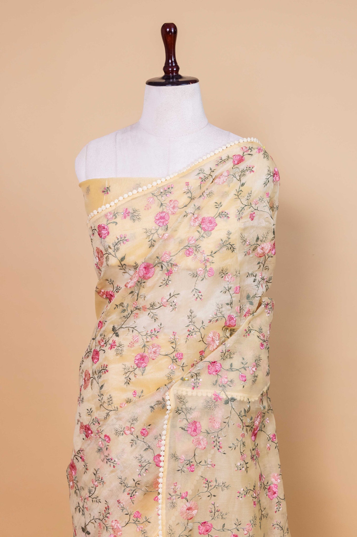 Yellow Floral Embroidered Chanderi Tissue Saree