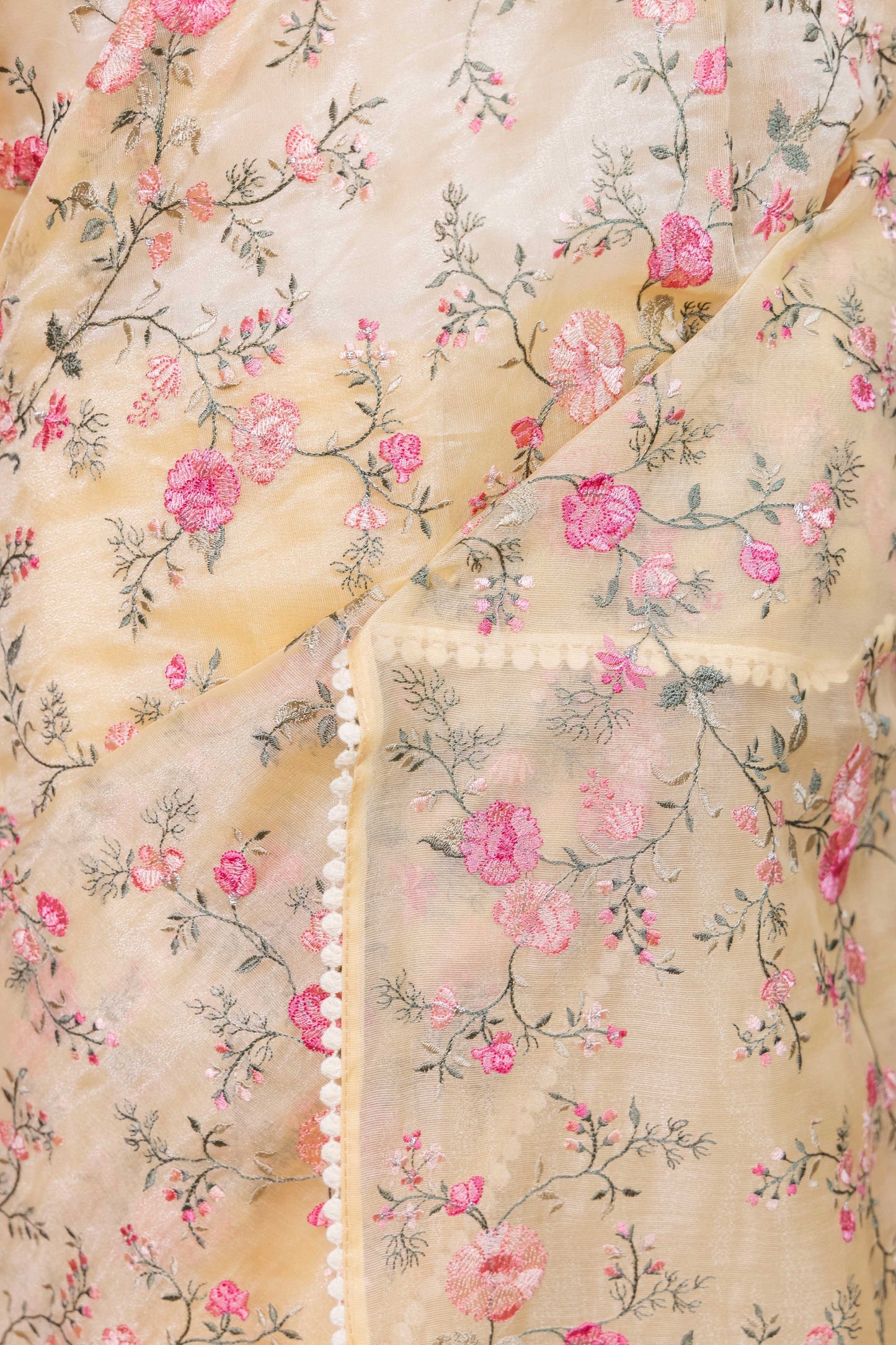 Yellow Floral Embroidered Chanderi Tissue Saree