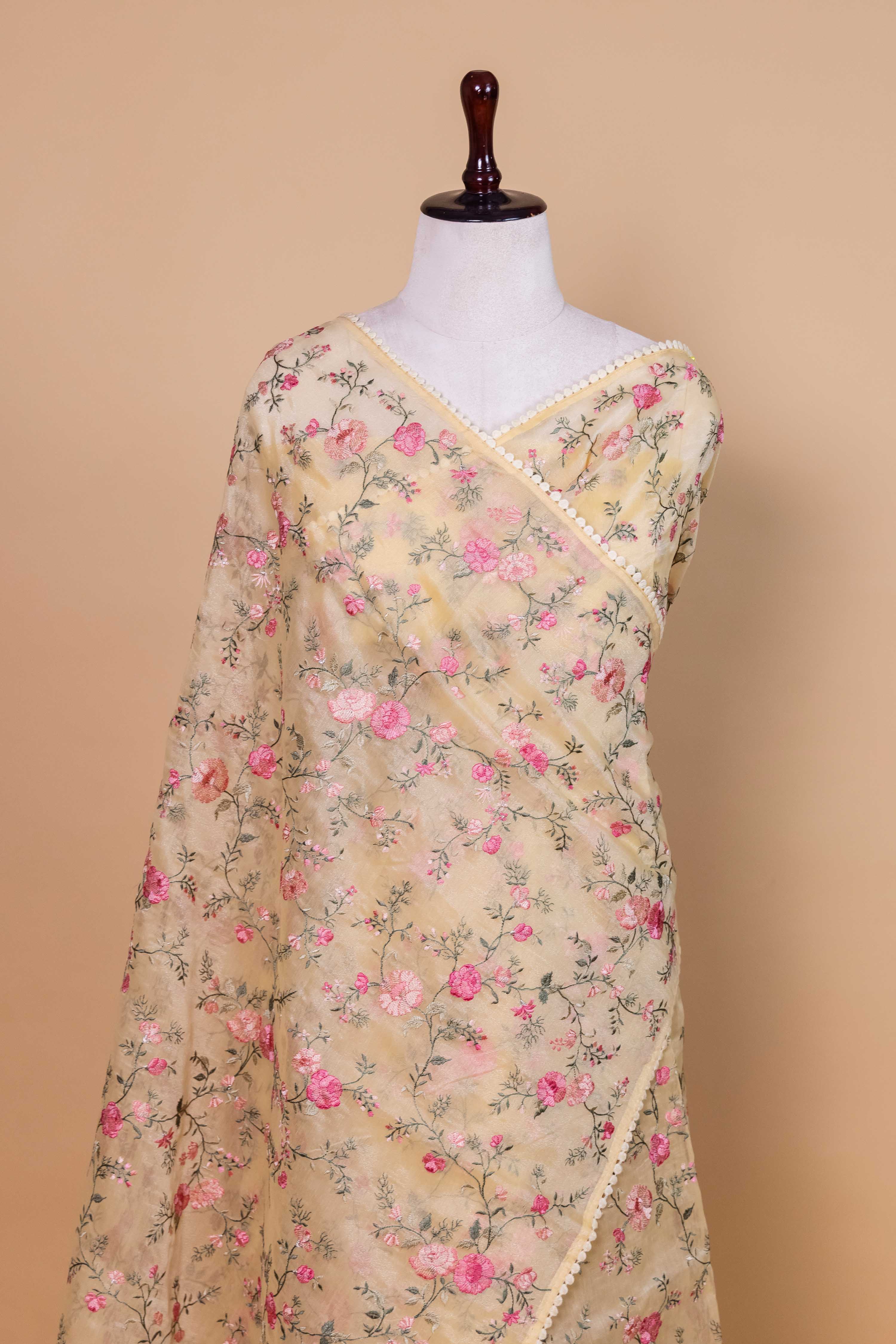 Yellow Floral Embroidered Chanderi Tissue Saree