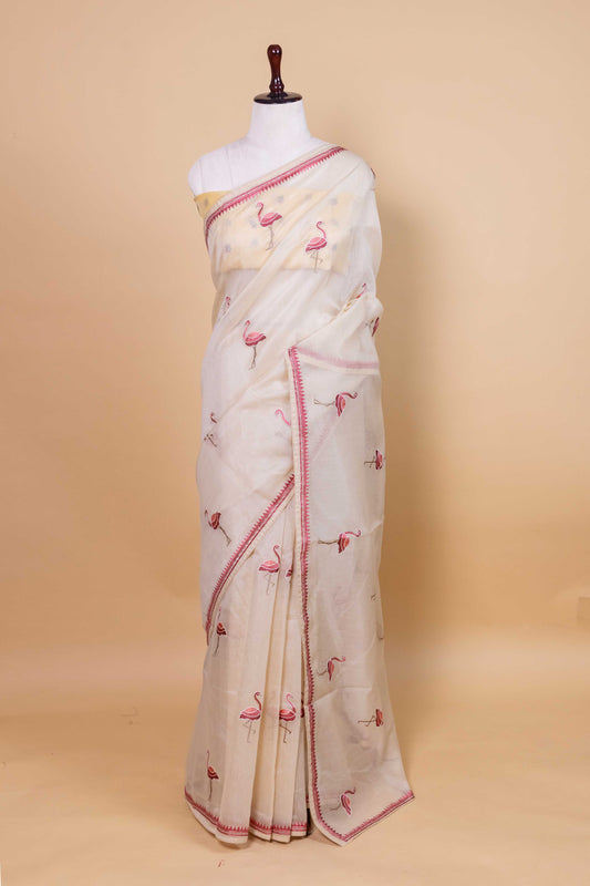 Beige Flamingo Embroidery Chanderi Tissue Saree